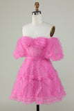 Cute A Line Off the Shoulder Pink Tulle Cocktail Dress