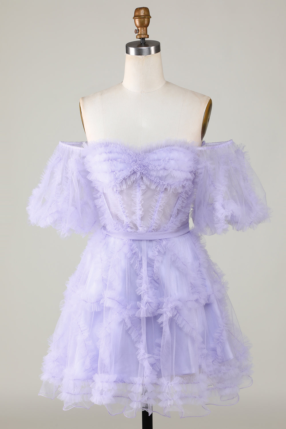Stylish A Line Off the Shoulder Purple Tulle Corset Cocktail Dress
