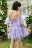 Stylish A Line Off the Shoulder Fuchsia Corset Cocktail Dress with Sleeves