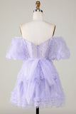 Stylish A Line Off the Shoulder Purple Tulle Corset Cocktail Dress