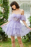 Stylish A Line Off the Shoulder Fuchsia Corset Cocktail Dress with Sleeves