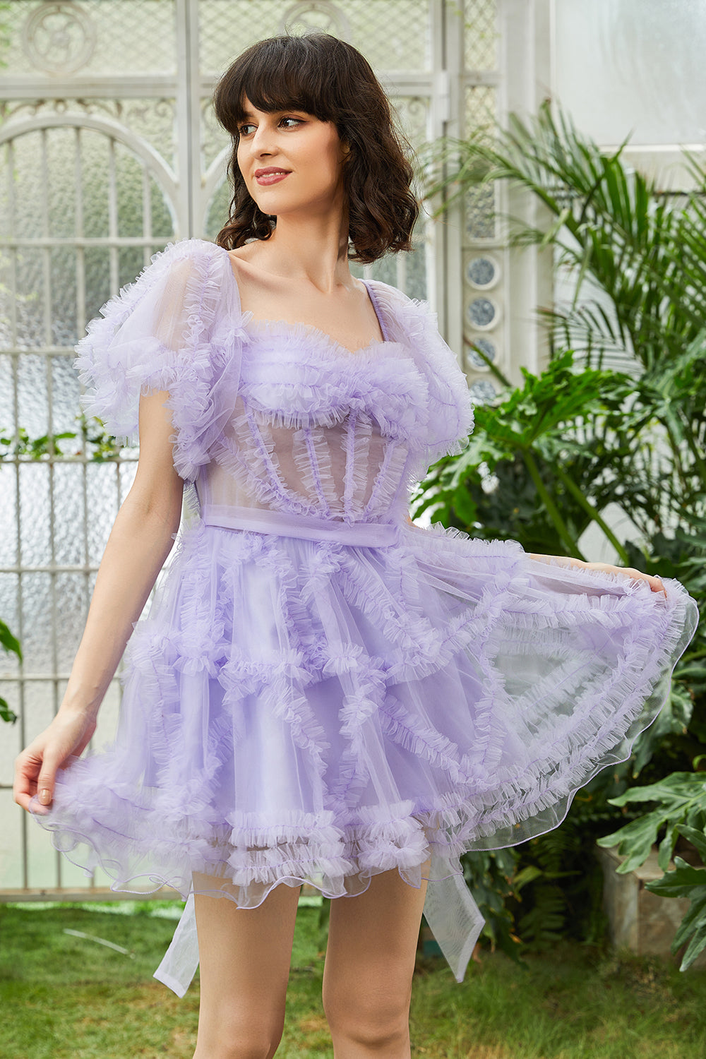 A Line Purple Tulle Off The Shoulder Short Cocktail Dress