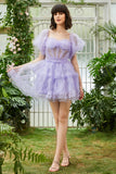A Line Purple Tulle Off The Shoulder Short Cocktail Dress