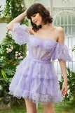 A Line Purple Tulle Off The Shoulder Short Cocktail Dress