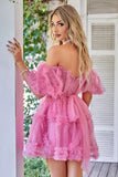 A Line Purple Tulle Off The Shoulder Short Cocktail Dress