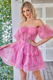 Hot Pink Off the Shoulder Tulle Cocktail Dress
