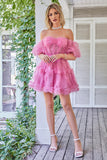 Hot Pink Off the Shoulder Tulle Cocktail Dress