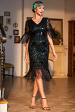 Dark Green V-Neck Fringed Roaring 20s Party Dress