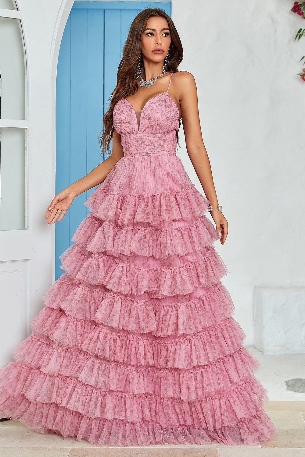 Spaghetti Straps Layered Tulle Ball Dress with Floral Printed