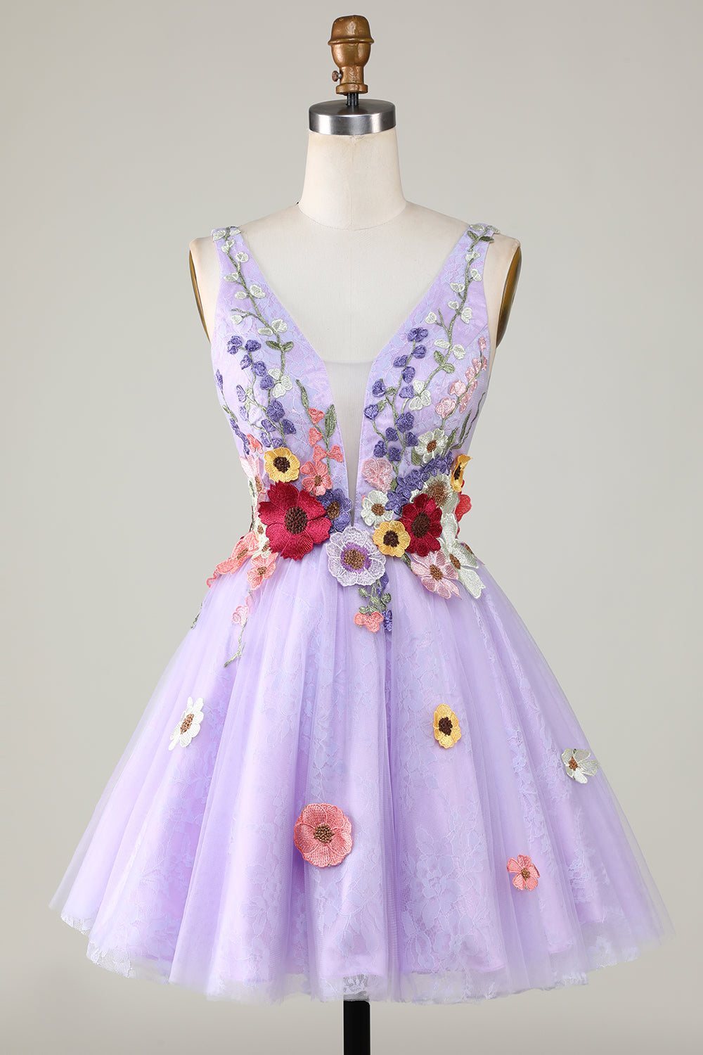 A Line Deep V Neck Open Back Purple Cocktail Dress With 3D Flowers