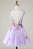 A Line Deep V Neck Open Back Purple Cocktail Dress With 3D Flowers