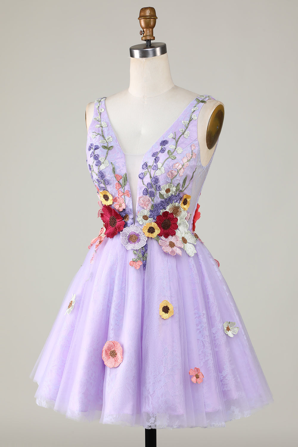A Line Deep V Neck Open Back Purple Cocktail Dress With 3D Flowers