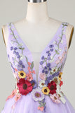 A Line Deep V Neck Open Back Purple Cocktail Dress With 3D Flowers
