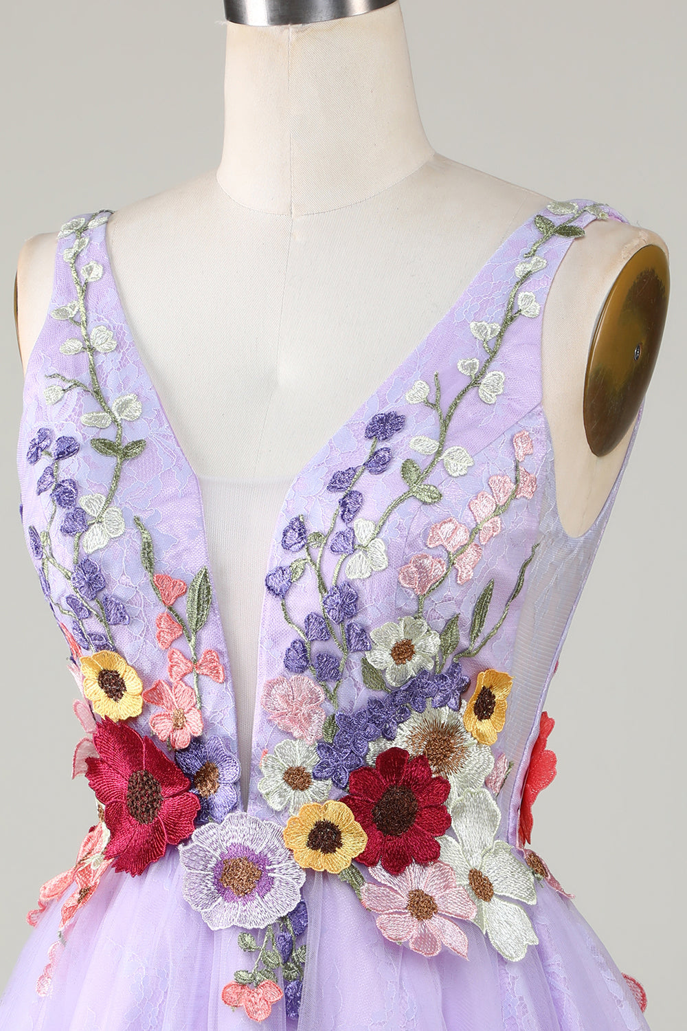 A Line Deep V Neck Open Back Purple Cocktail Dress With 3D Flowers