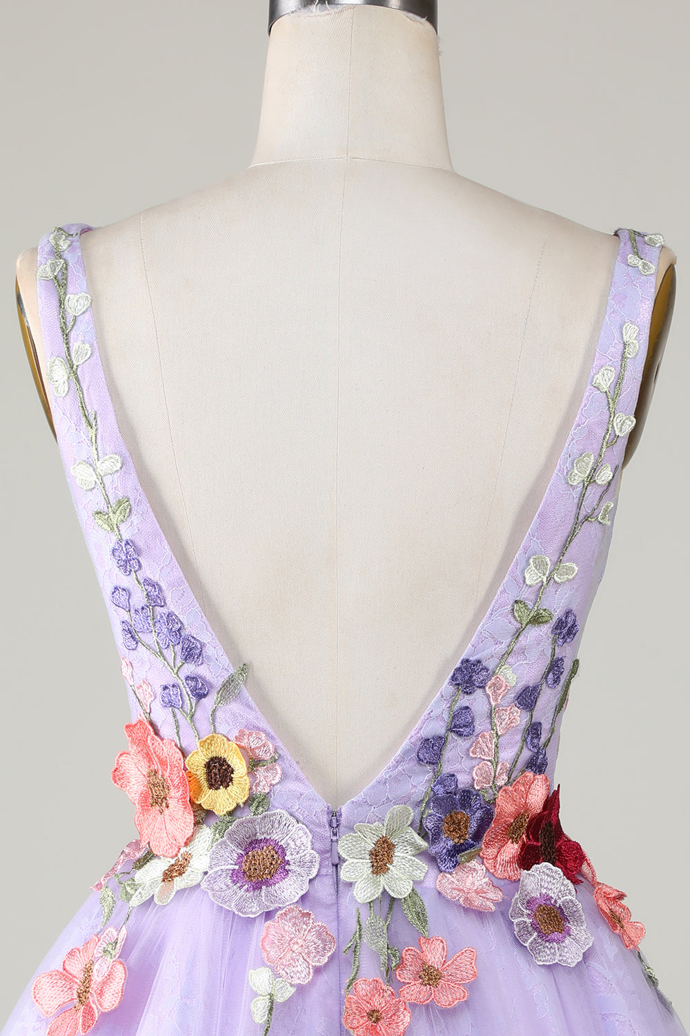 A Line Deep V Neck Open Back Purple Cocktail Dress With 3D Flowers