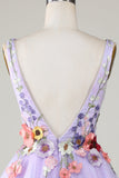 A Line Deep V Neck Open Back Purple Cocktail Dress With 3D Flowers