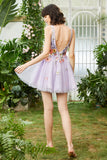 Purple Deep V Neck Open Back Cocktail Dress With 3D Flowers