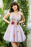 Purple Deep V Neck Open Back Cocktail Dress With 3D Flowers