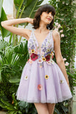 Purple Deep V Neck Open Back Cocktail Dress With 3D Flowers