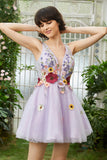 Purple Deep V Neck Open Back Cocktail Dress With 3D Flowers