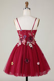 Gorgeous A Line Spaghetti Straps Burgundy Short Cocktail Dress with 3D Flowers