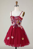 Gorgeous A Line Spaghetti Straps Burgundy Short Cocktail Dress with 3D Flowers