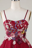 Gorgeous A Line Spaghetti Straps Burgundy Short Cocktail Dress with 3D Flowers