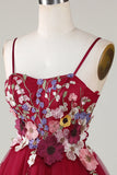 Gorgeous A Line Spaghetti Straps Burgundy Short Cocktail Dress with 3D Flowers