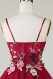 Gorgeous A Line Spaghetti Straps Burgundy Short Cocktail Dress with 3D Flowers