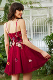 Burgundy A Line Spaghetti Straps Cocktail Dress With 3D Flowers