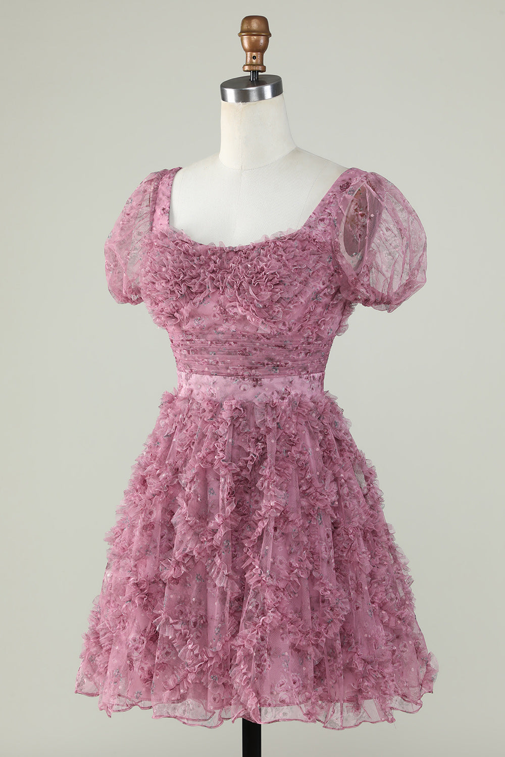 Gorgeous A Line Floral Dusty Rose Cocktail Dress with Ruffles