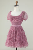 Gorgeous A Line Floral Dusty Rose Cocktail Dress with Ruffles