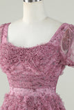 Gorgeous A Line Floral Dusty Rose Cocktail Dress with Ruffles