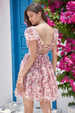 Gorgeous A Line Floral Dusty Rose Cocktail Dress with Ruffles