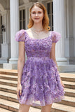 A Line Purple Printed Cocktail Dress with Ruffles