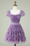 Floral A Line Purple Cocktail Dress with Ruffles