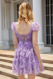 A Line Purple Printed Cocktail Dress with Ruffles