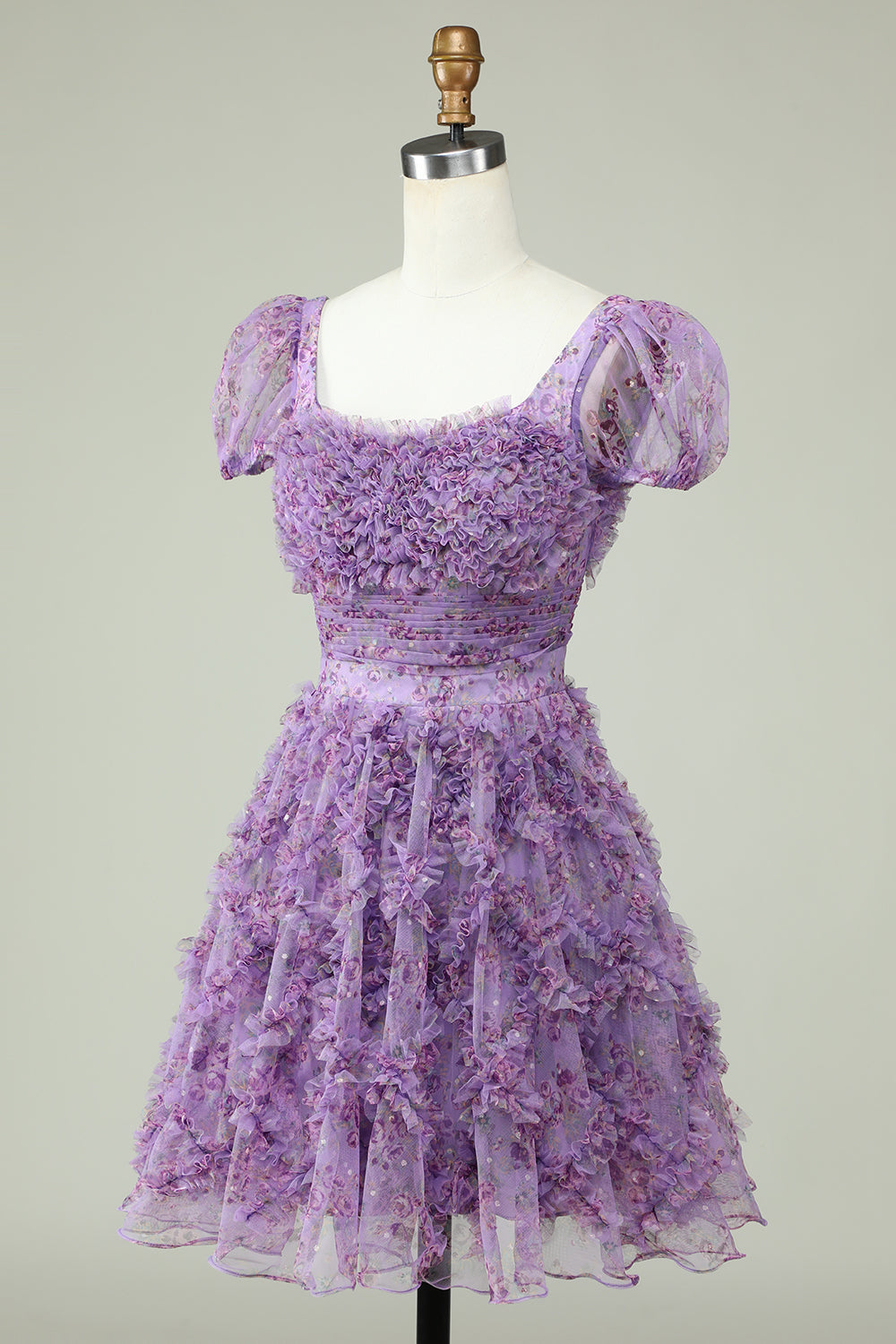 Floral A Line Purple Cocktail Dress with Ruffles