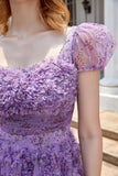 A Line Purple Printed Cocktail Dress with Ruffles