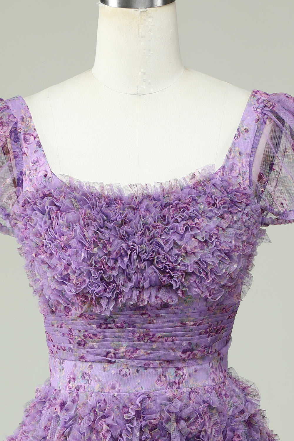 Floral A Line Purple Cocktail Dress with Ruffles