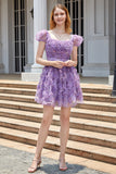 A Line Purple Printed Cocktail Dress with Ruffles