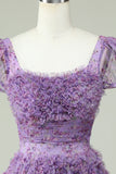 Floral A Line Purple Cocktail Dress with Ruffles