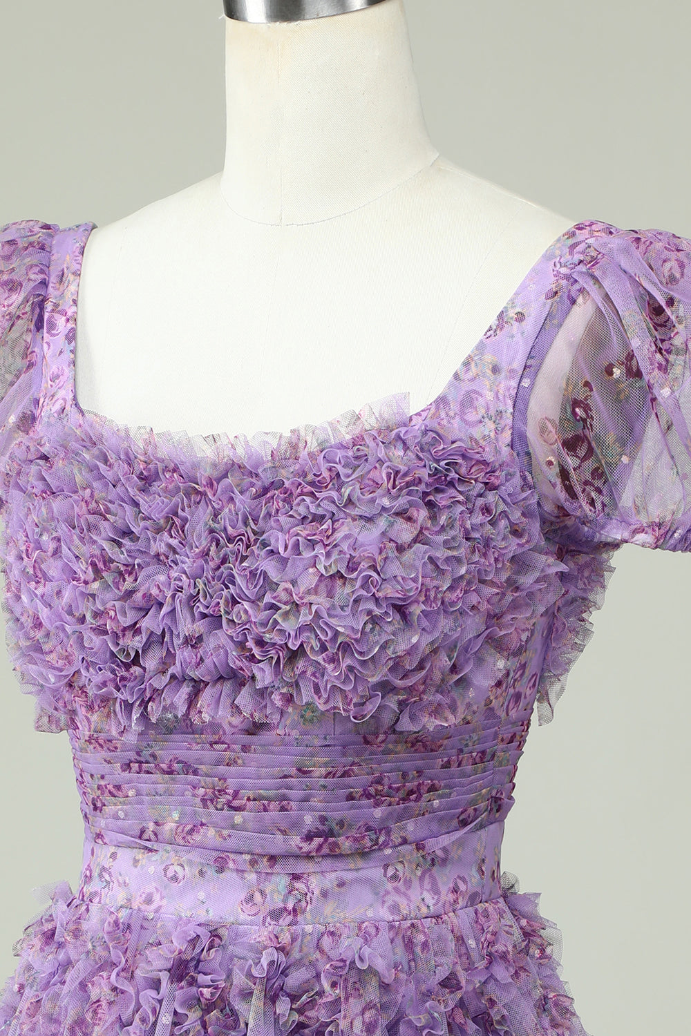 Floral A Line Purple Cocktail Dress with Ruffles