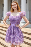 A Line Purple Printed Cocktail Dress with Ruffles
