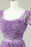 Floral A Line Purple Cocktail Dress with Ruffles