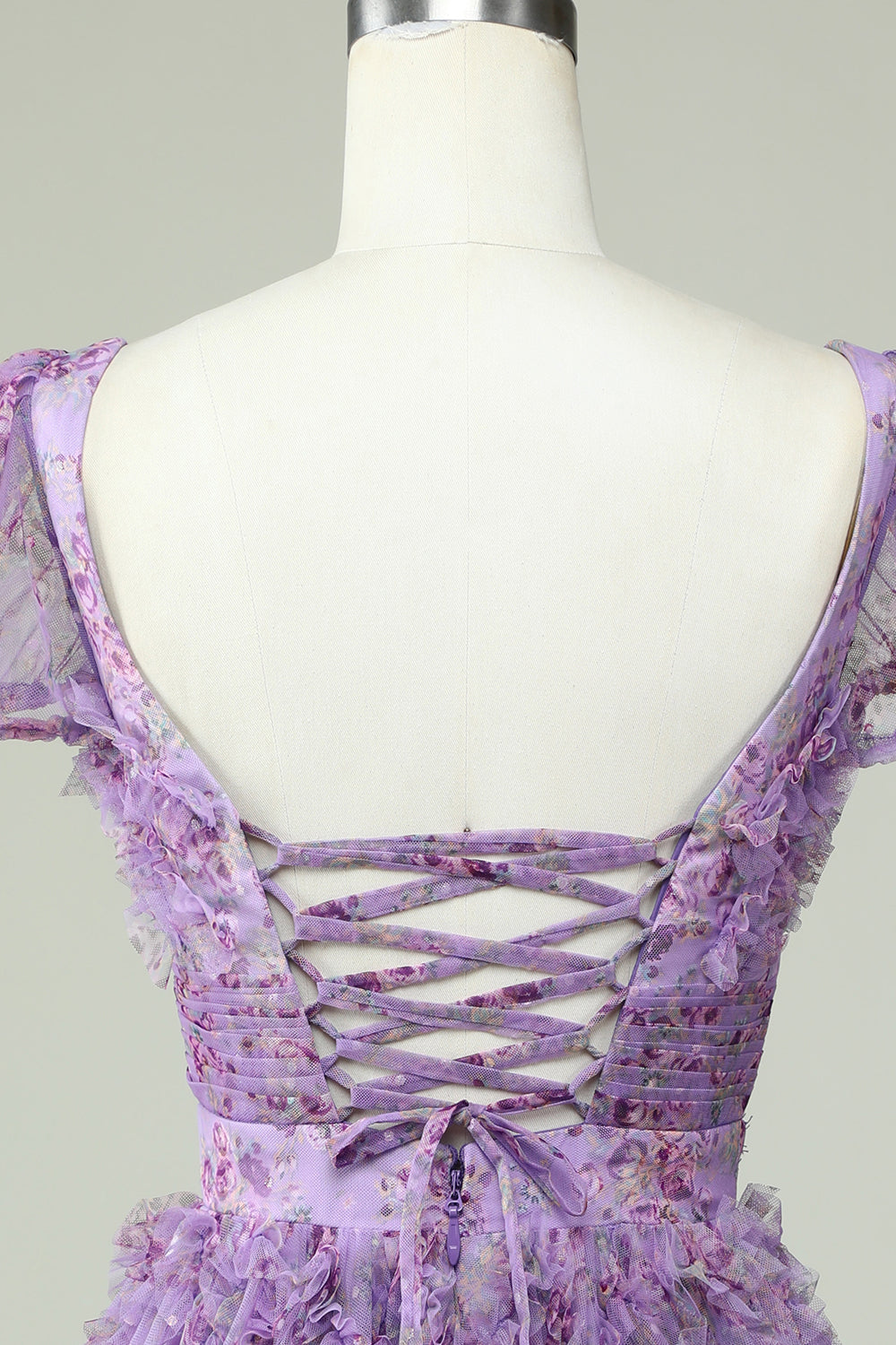 Floral A Line Purple Cocktail Dress with Ruffles