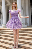 A Line Purple Printed Cocktail Dress with Ruffles