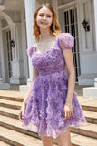 A Line Purple Printed Cocktail Dress with Ruffles