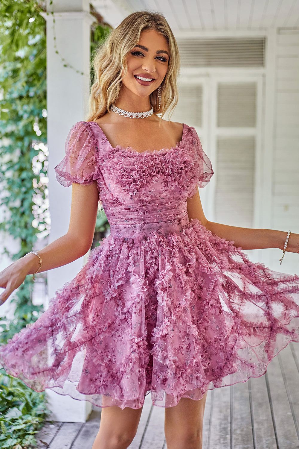 A Line Purple Printed Cocktail Dress with Ruffles