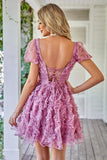 A Line Purple Printed Cocktail Dress with Ruffles